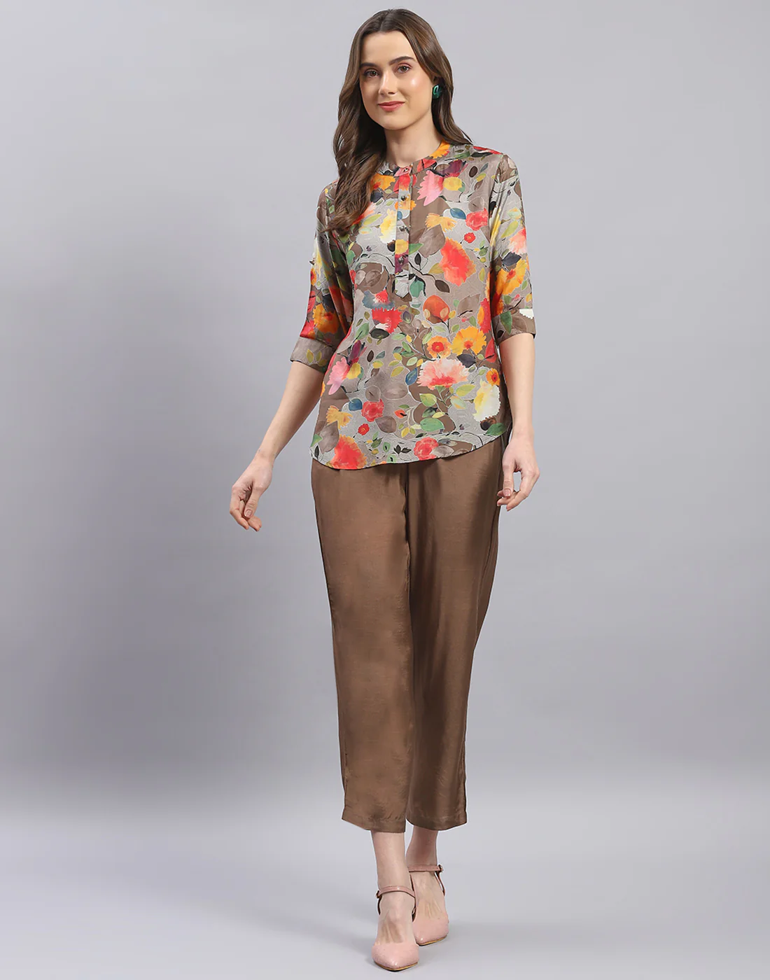 Women Brown Printed Mandarin Collar Half Sleeve Cords Set - Image 2