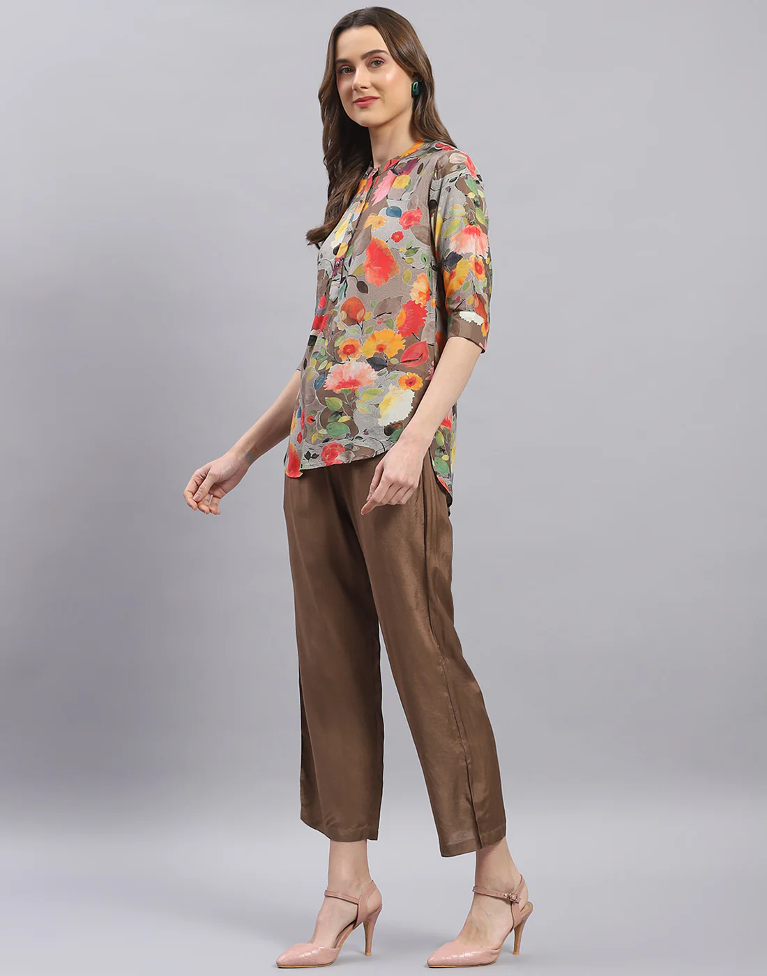 Women Brown Printed Mandarin Collar Half Sleeve Cords Set - Image 3