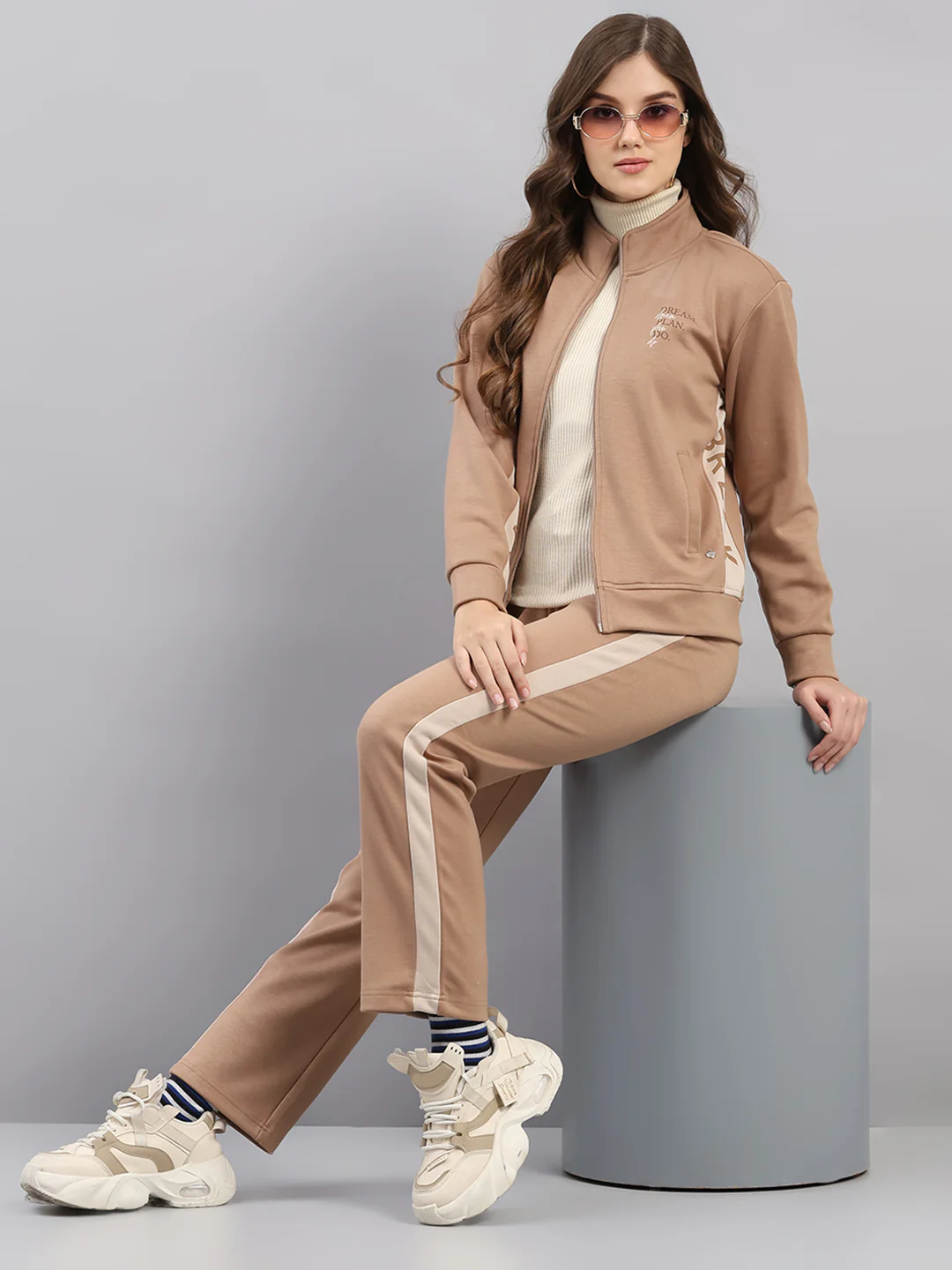 Women Brown Printed Mock Neck Full Sleeve Winter Tracksuit - Image 2