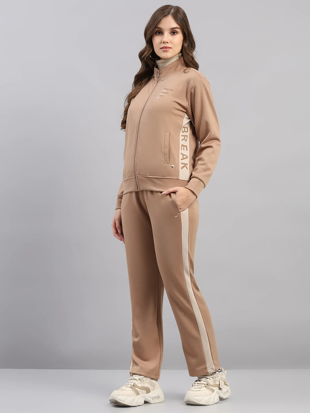 Women Brown Printed Mock Neck Full Sleeve Winter Tracksuit - Image 3
