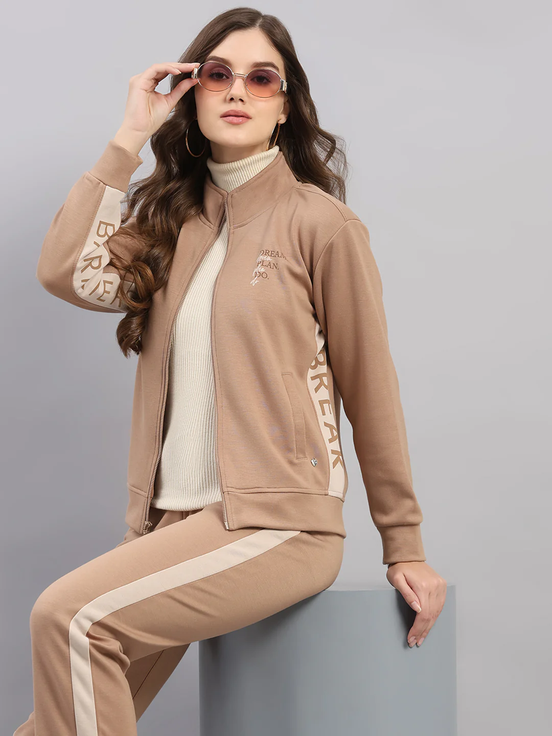Women Brown Printed Mock Neck Full Sleeve Winter Tracksuit - Image 6
