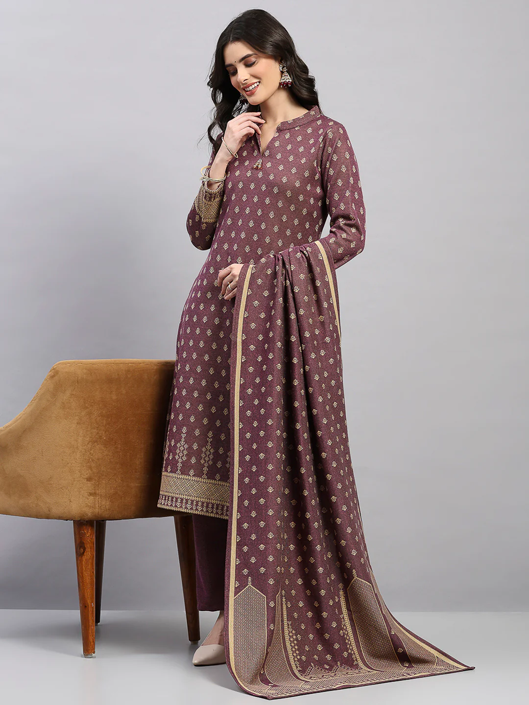 Women Brown Printed Round Neck Full Sleeve 3 Pc Kurti Set for Winter - Image 2