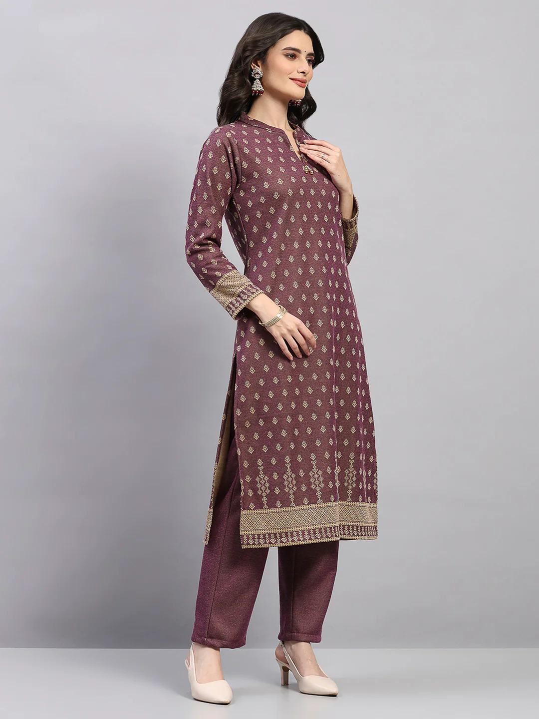 Women Brown Printed Round Neck Full Sleeve 3 Pc Kurti Set for Winter - Image 4