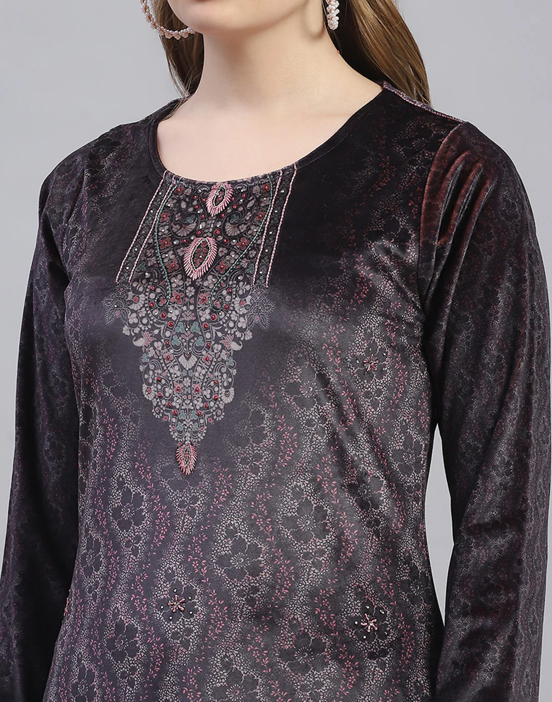Women Brown Printed Round Neck Full Sleeve Kurti+Lower Set - Image 7
