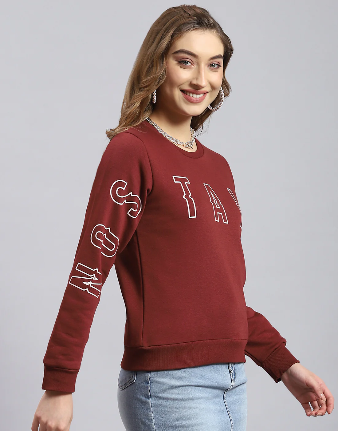 Women Brown Printed Round Neck Full Sleeve Sweatshirt - Image 4