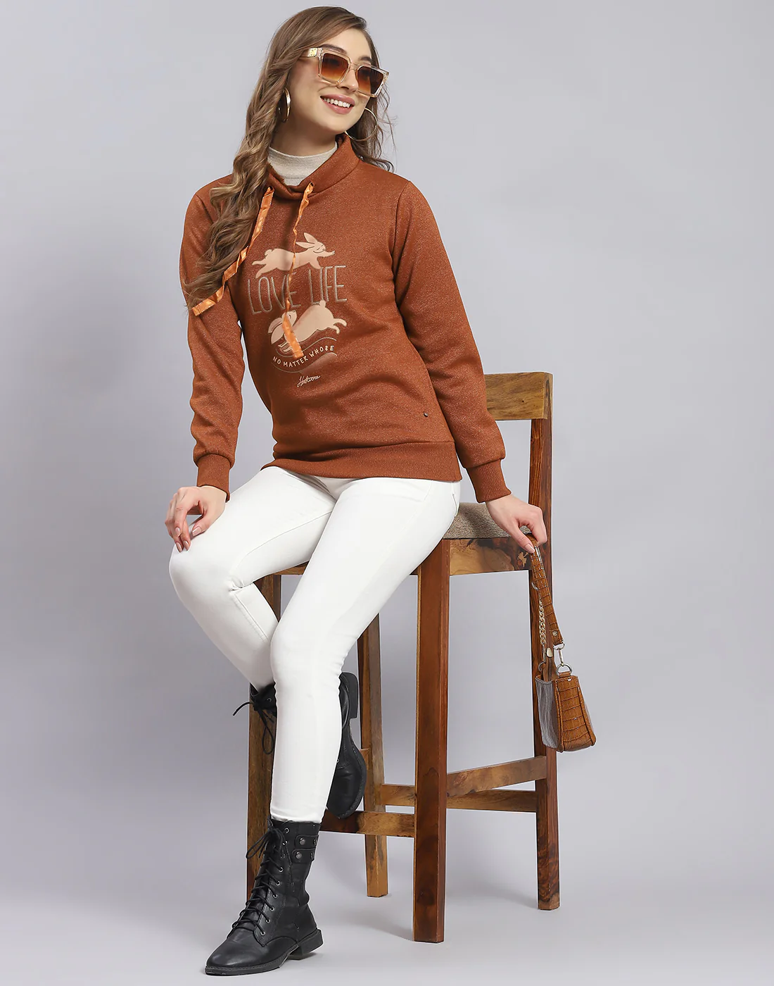 Women Brown Printed Round Neck Full Sleeve Sweatshirt - Image 2