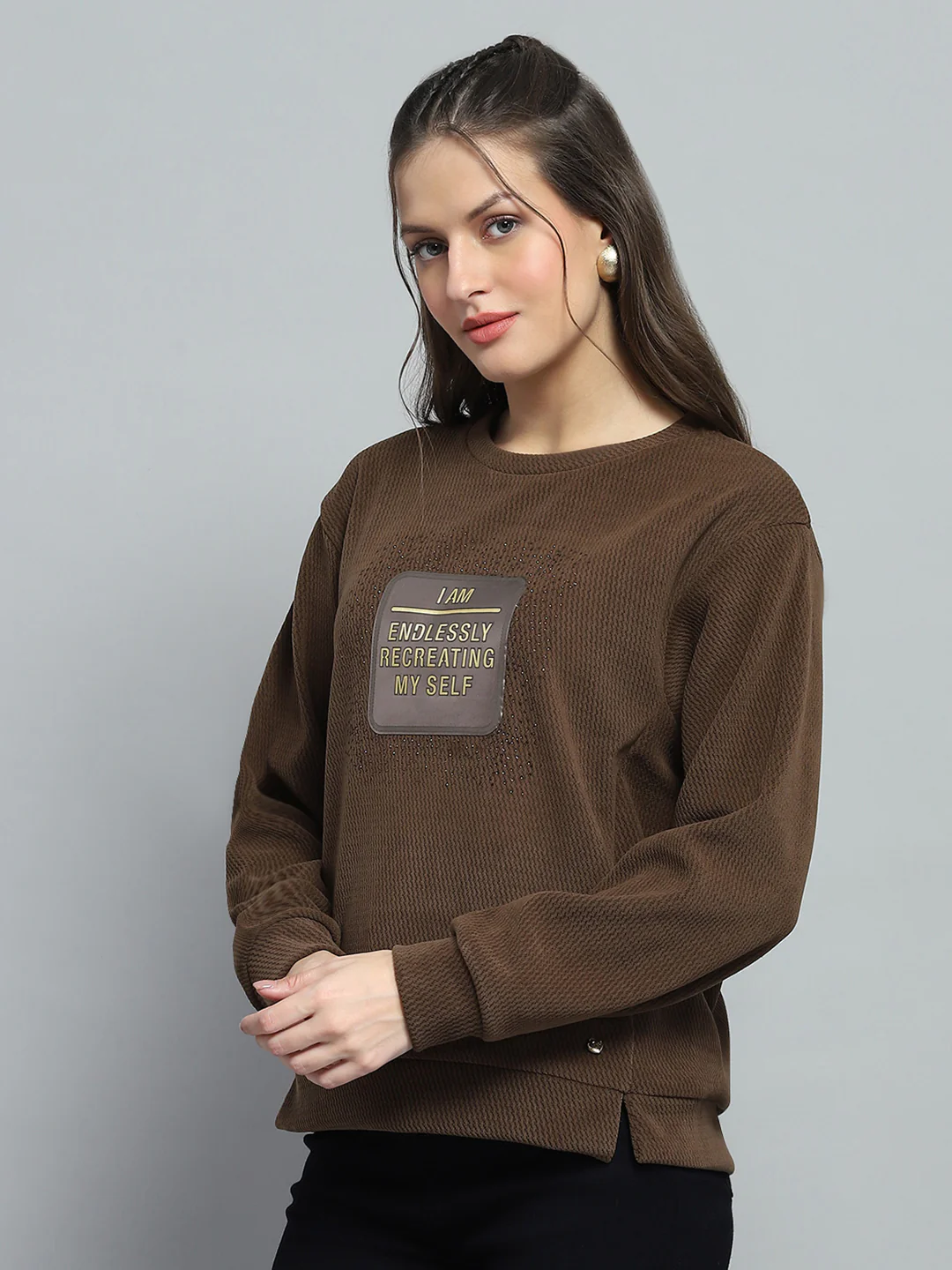 Women Brown Printed Round Neck Full Sleeve Sweatshirt - Image 3