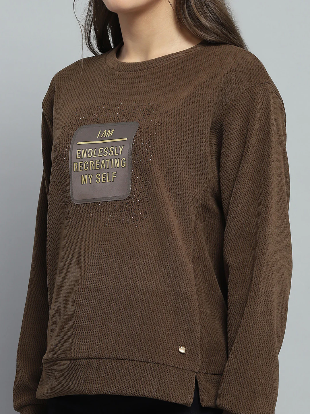 Women Brown Printed Round Neck Full Sleeve Sweatshirt - Image 7