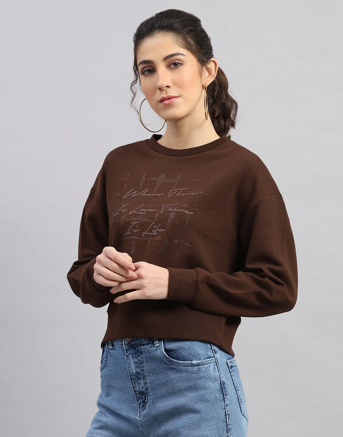 Women Brown Printed Round Neck Full Sleeve Sweatshirt - Image 2