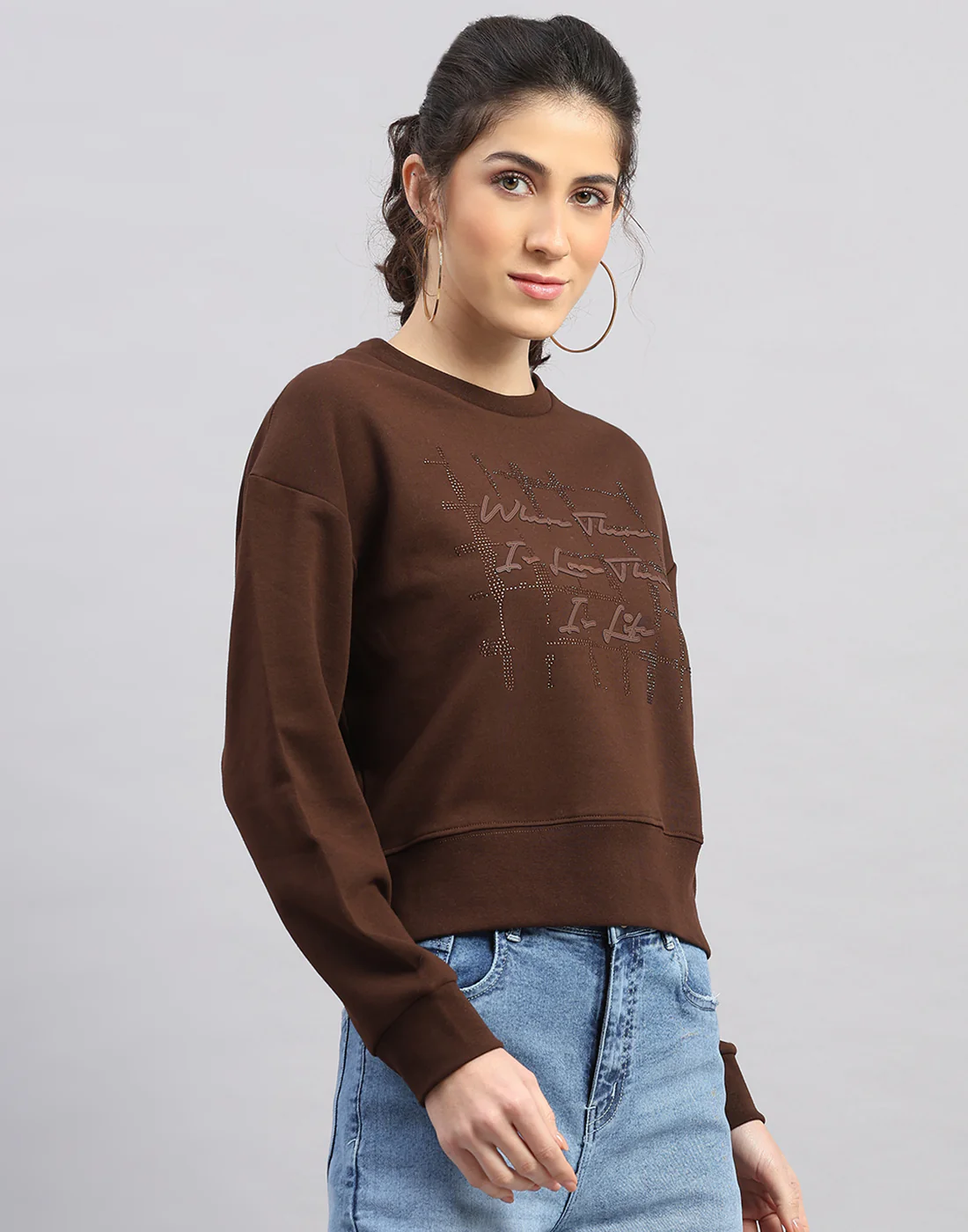 Women Brown Printed Round Neck Full Sleeve Sweatshirt - Image 3