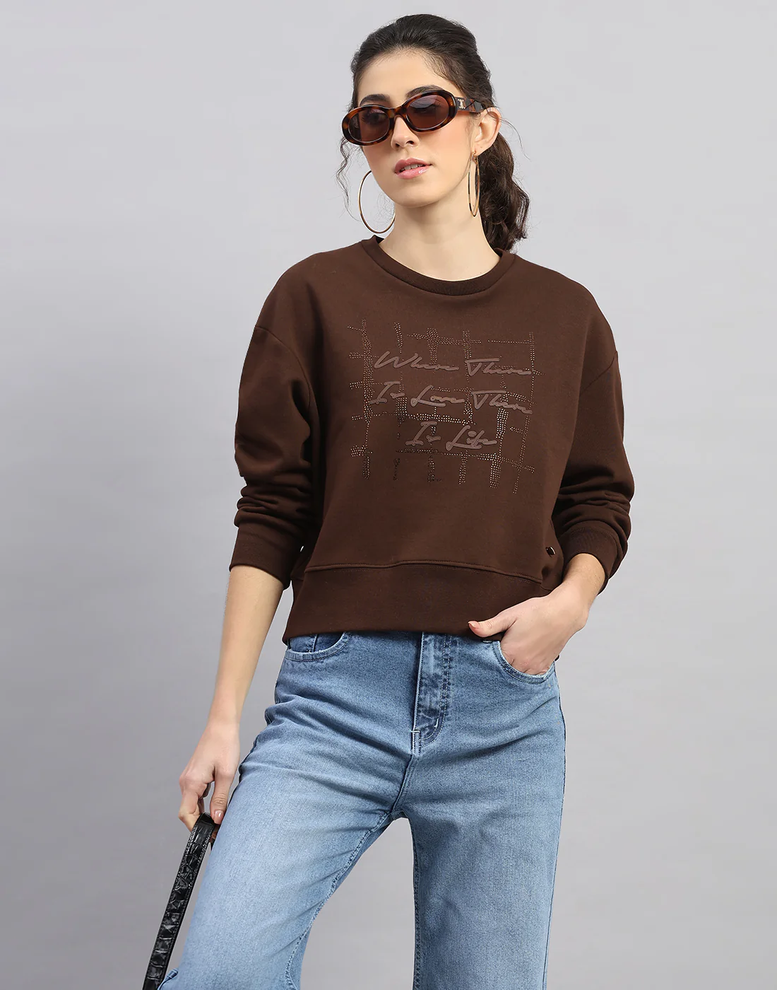 Women Brown Printed Round Neck Full Sleeve Sweatshirt - Image 6