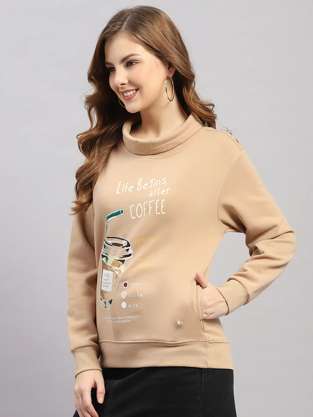 Women Brown Printed Round Neck Full Sleeve Sweatshirt - Image 3