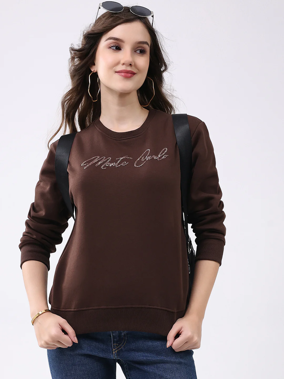 Women Brown Printed Round Neck Full Sleeve Sweatshirt - Image 6