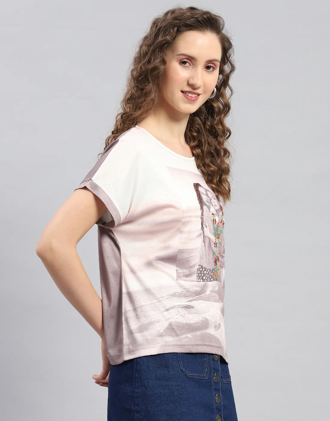 Women Brown Printed Round Neck Half Sleeve Top - Image 4