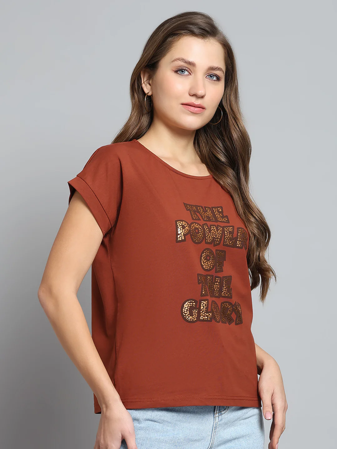 Women Brown Printed Round Neck Half Sleeve Top - Image 4
