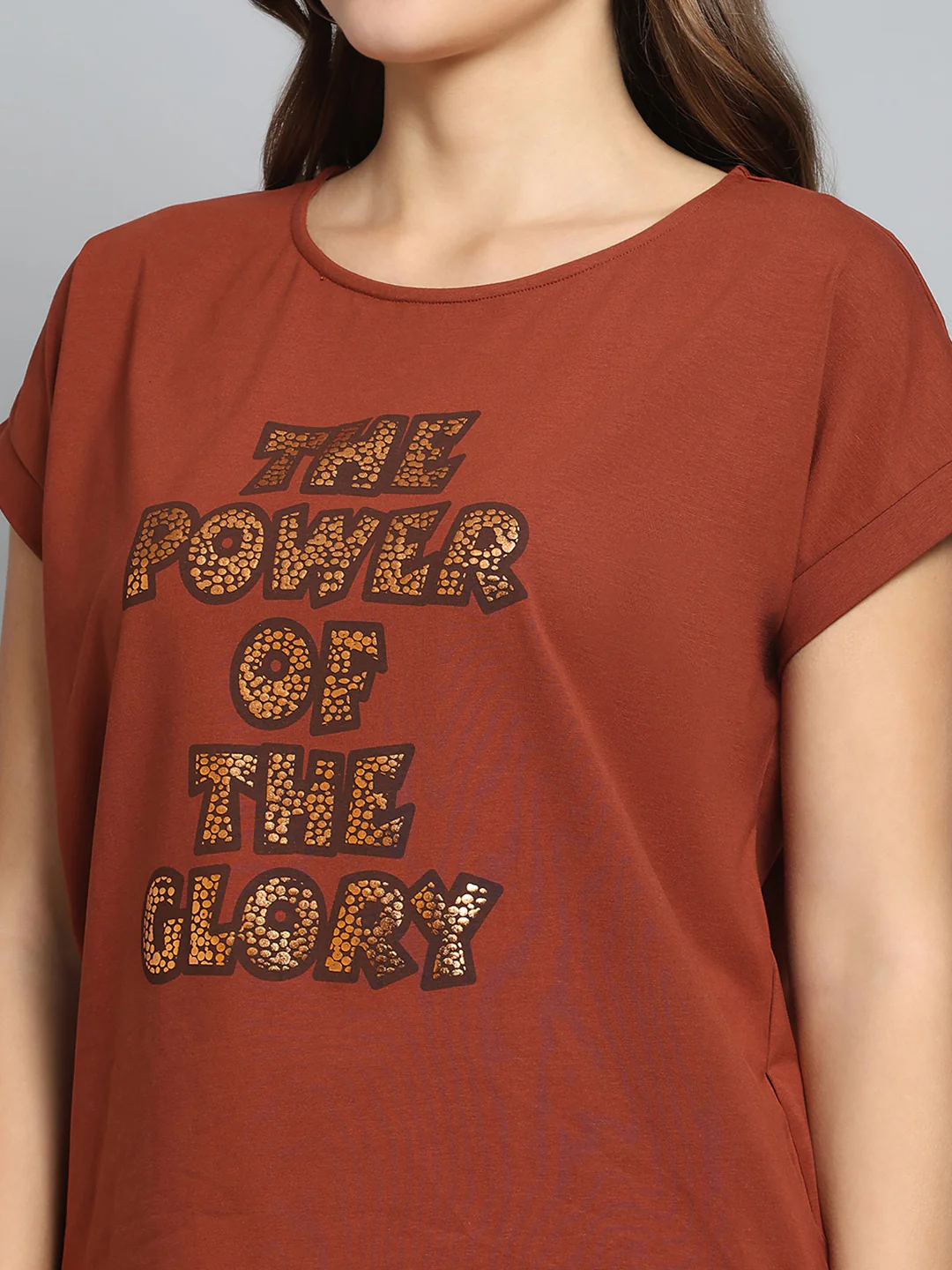 Women Brown Printed Round Neck Half Sleeve Top - Image 6