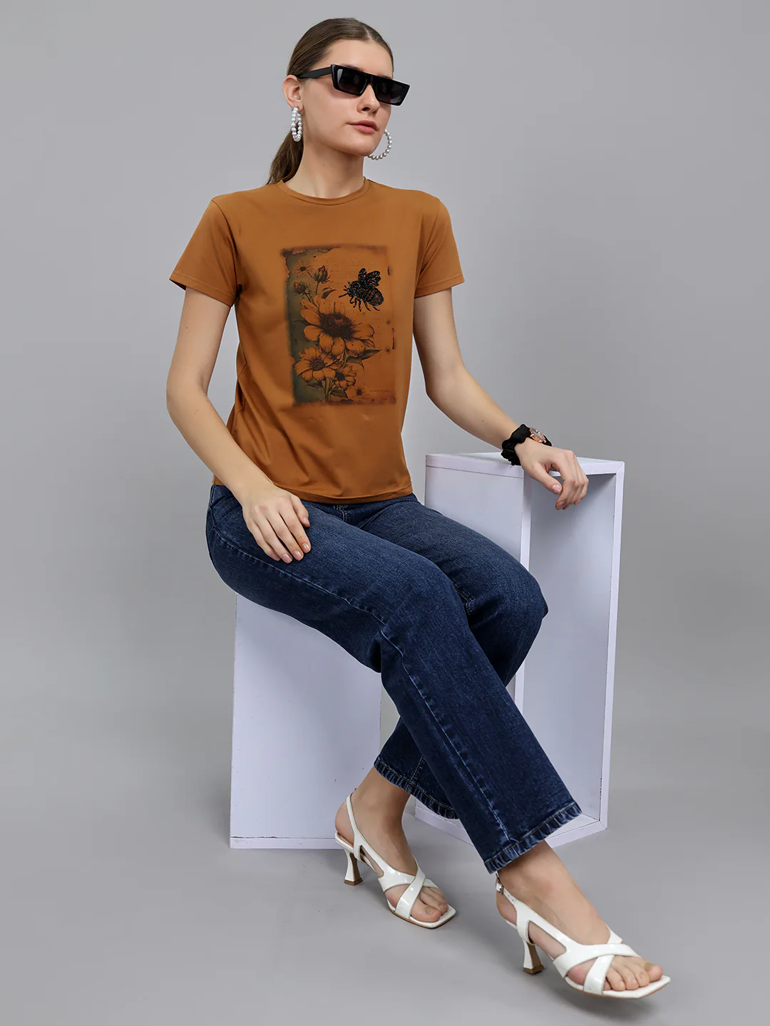 Women Brown Printed Round Neck Half Sleeve Top - Image 6