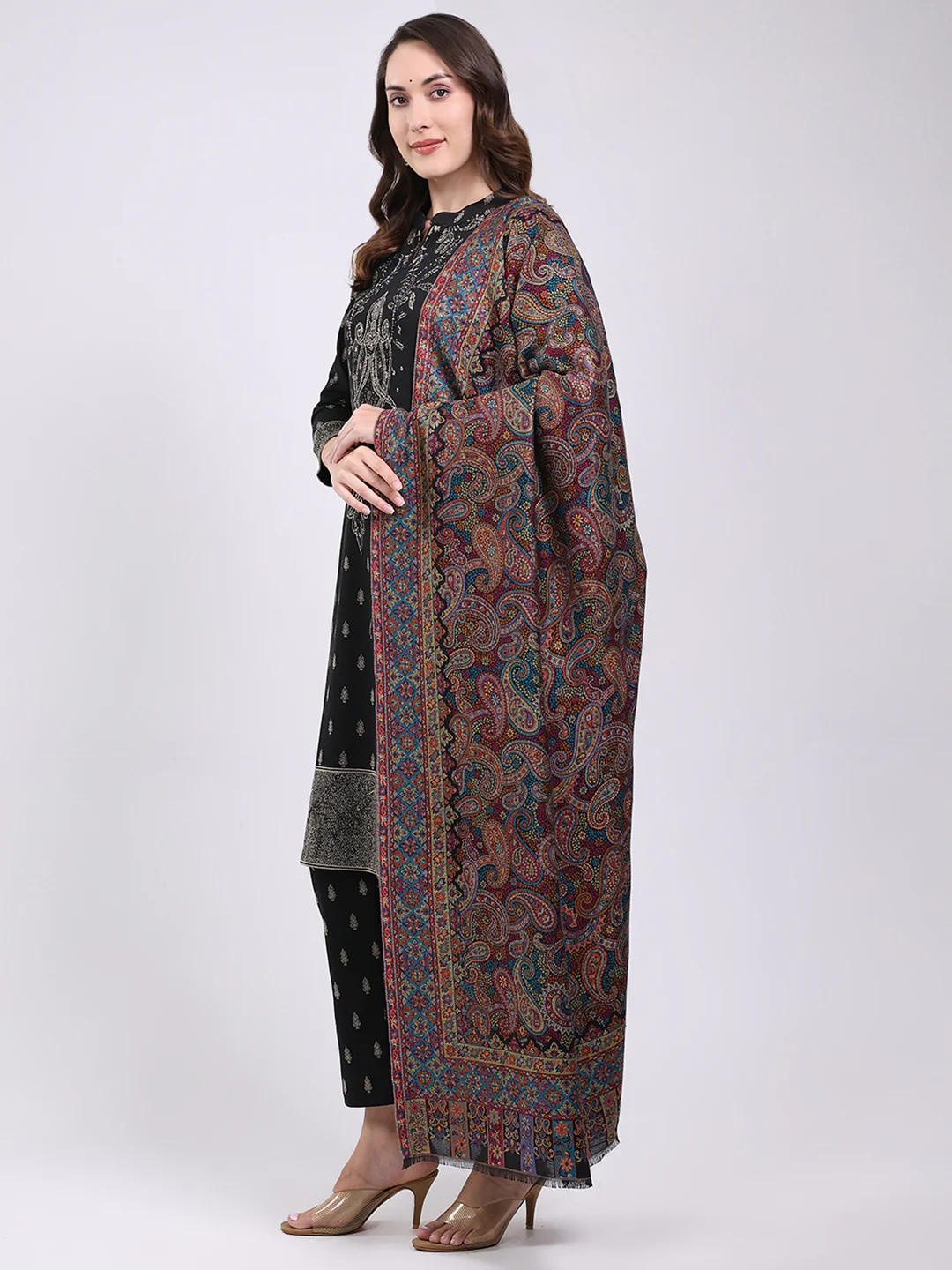 Women Brown Printed Wool Blend Shawl - Image 3