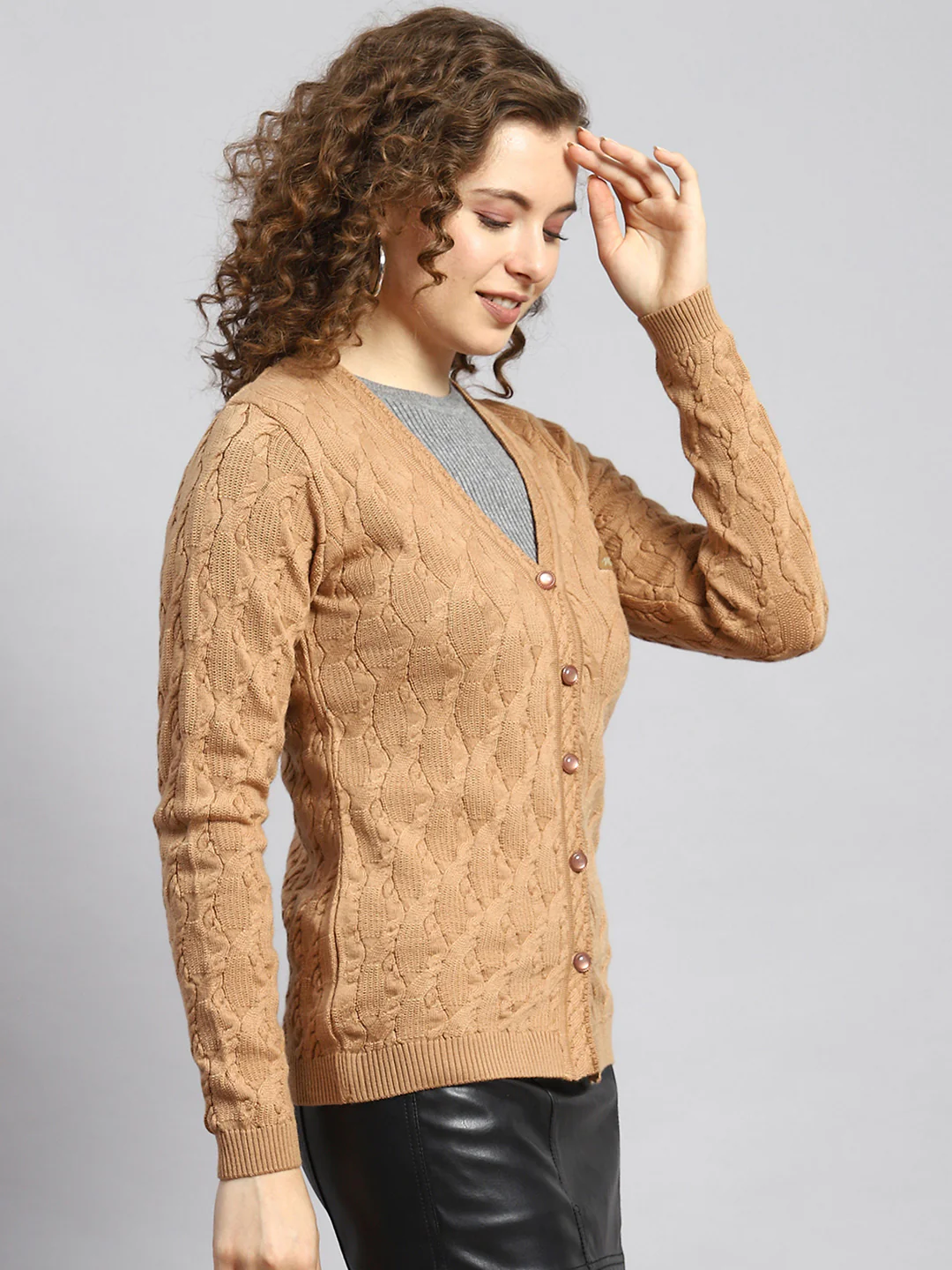 Women Brown Self Cardigan - Image 3
