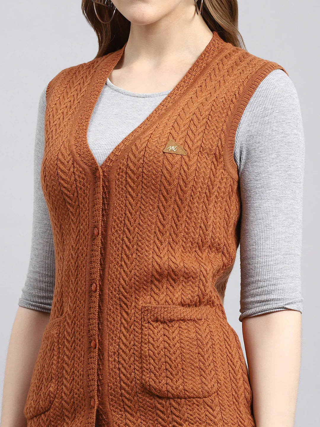 Women Brown Self Cardigan - Image 6