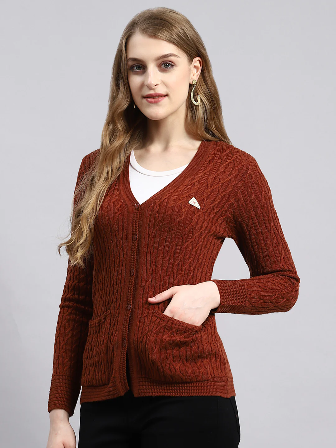 Women Brown Self Cardigan - Image 3