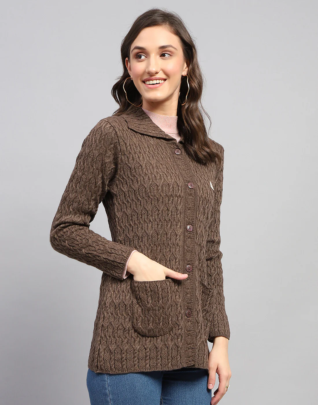 Women Brown Self Design Collar Full Sleeve Cardigan - Image 5