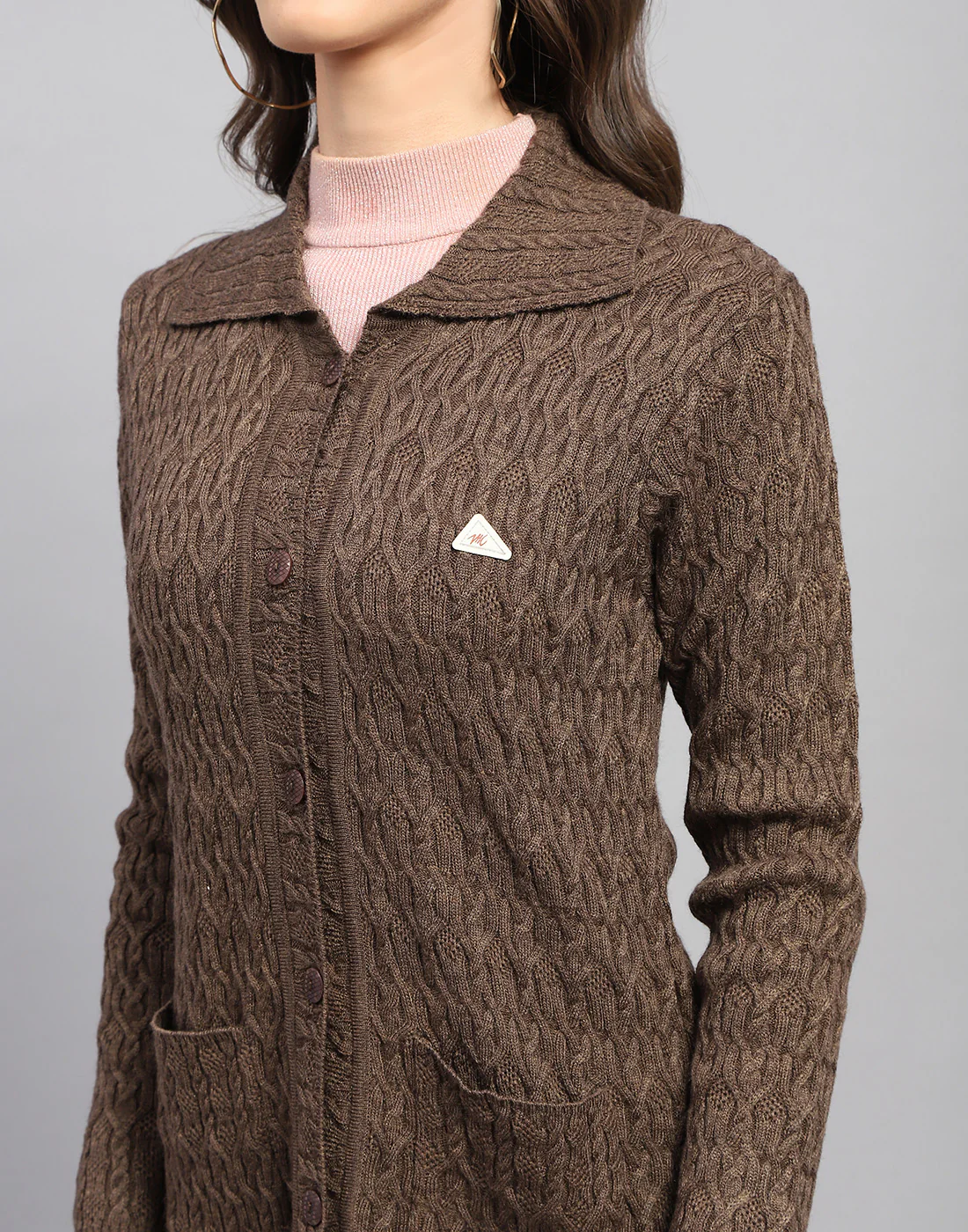 Women Brown Self Design Collar Full Sleeve Cardigan - Image 7