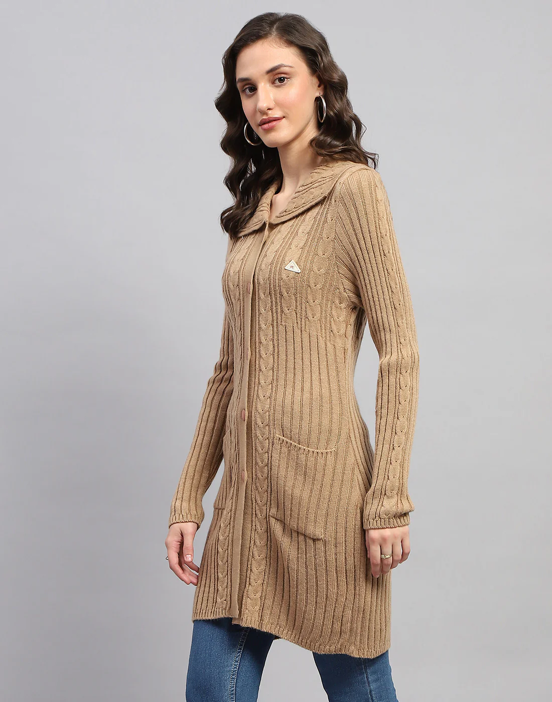 Women Brown Self Design Collar Full Sleeve Cardigan - Image 3