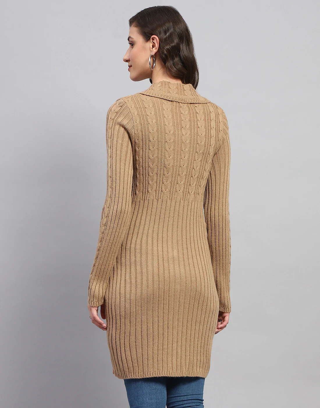 Women Brown Self Design Collar Full Sleeve Cardigan - Image 5