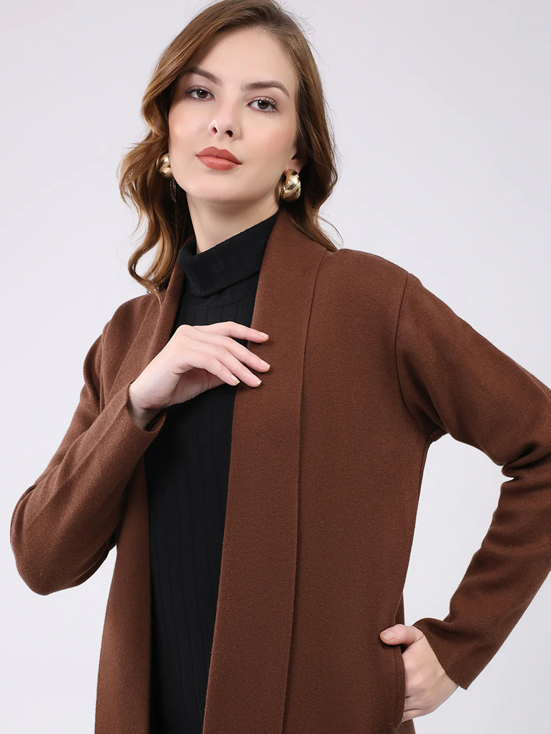 Women Brown Self Design Collar Full Sleeve Cardigan - Image 6