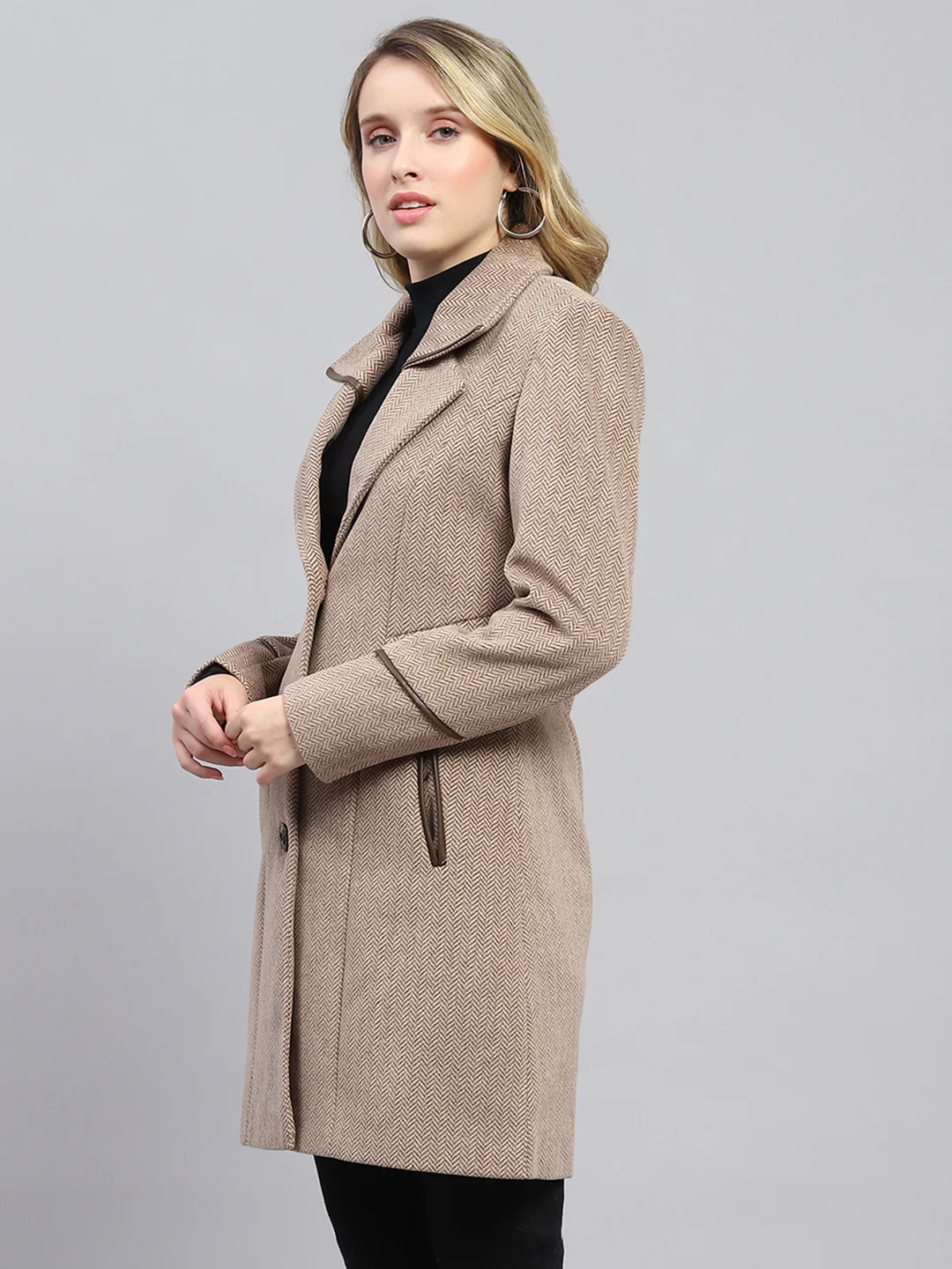 Women Brown Self Design Collar Full Sleeve Coat - Image 3