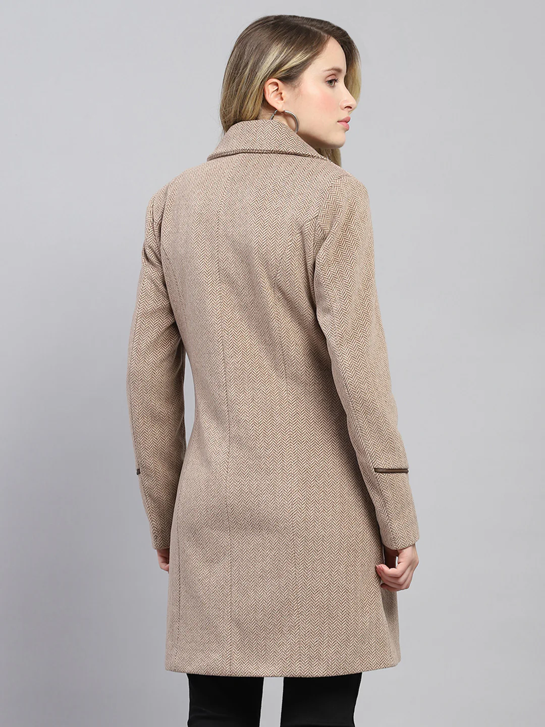 Women Brown Self Design Collar Full Sleeve Coat - Image 5