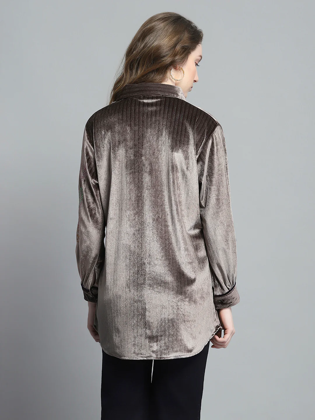 Women Brown Self Design Collar Full Sleeve Winter Shirt - Image 5