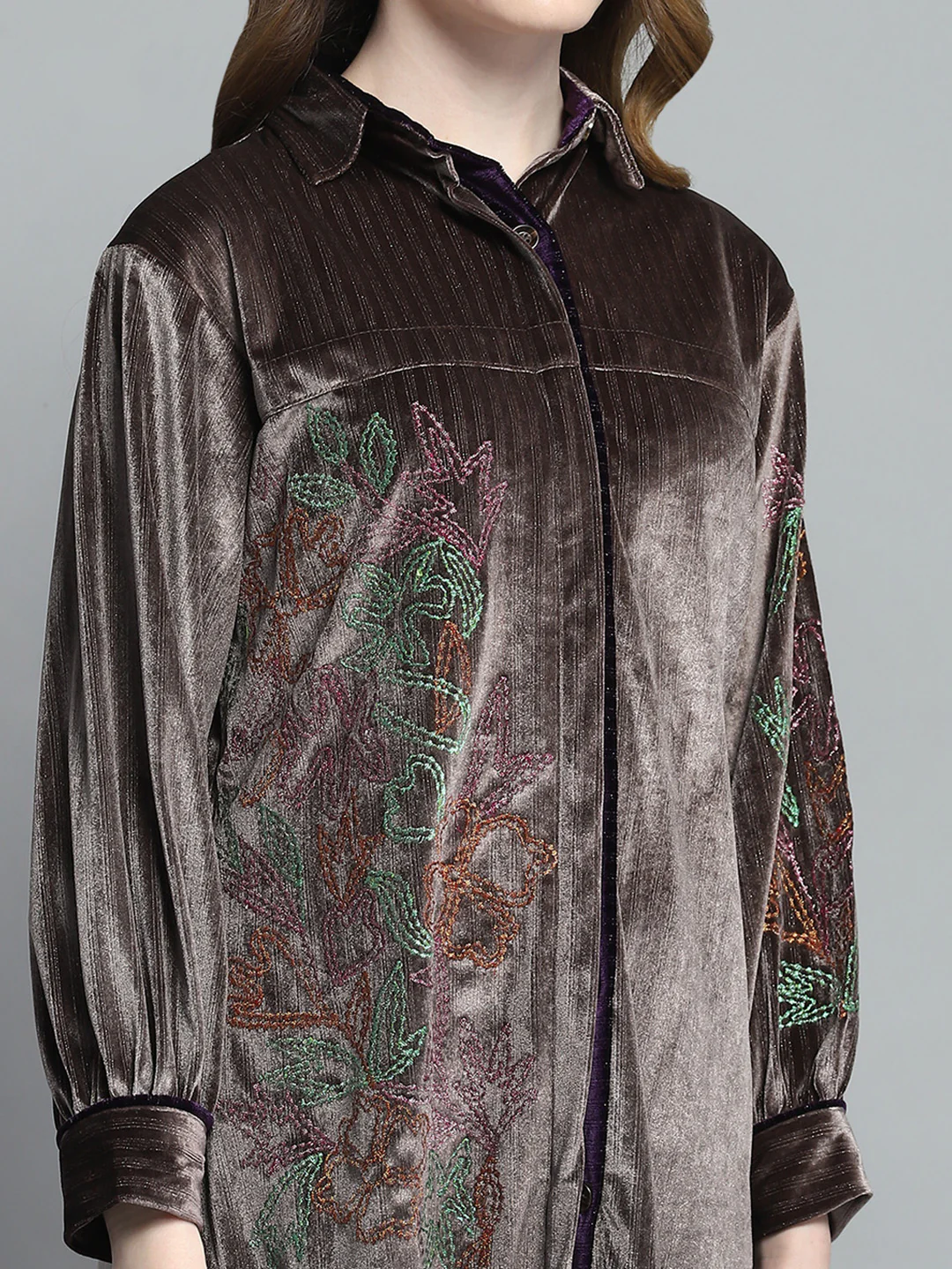 Women Brown Self Design Collar Full Sleeve Winter Shirt - Image 7