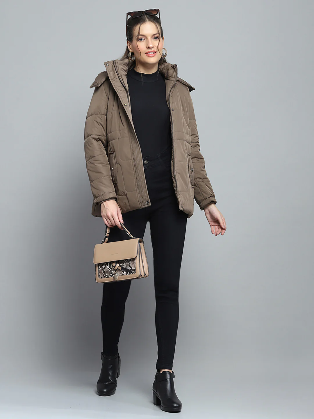 Women Brown Self Design Detachable Hood Full Sleeve Jacket - Image 2