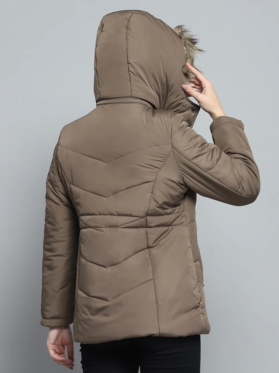 Women Brown Self Design Detachable Hood Full Sleeve Jacket - Image 5