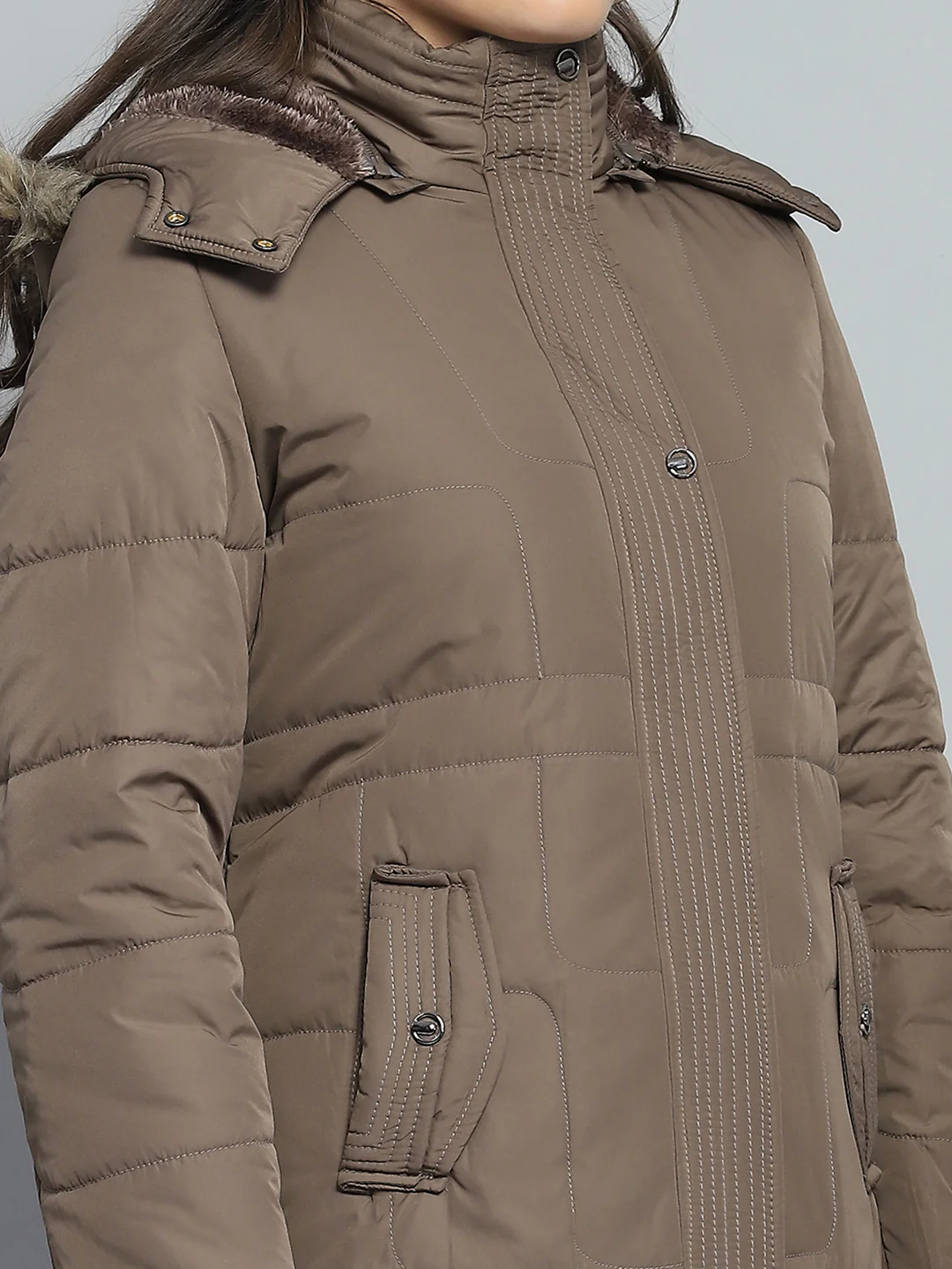 Women Brown Self Design Detachable Hood Full Sleeve Jacket - Image 7
