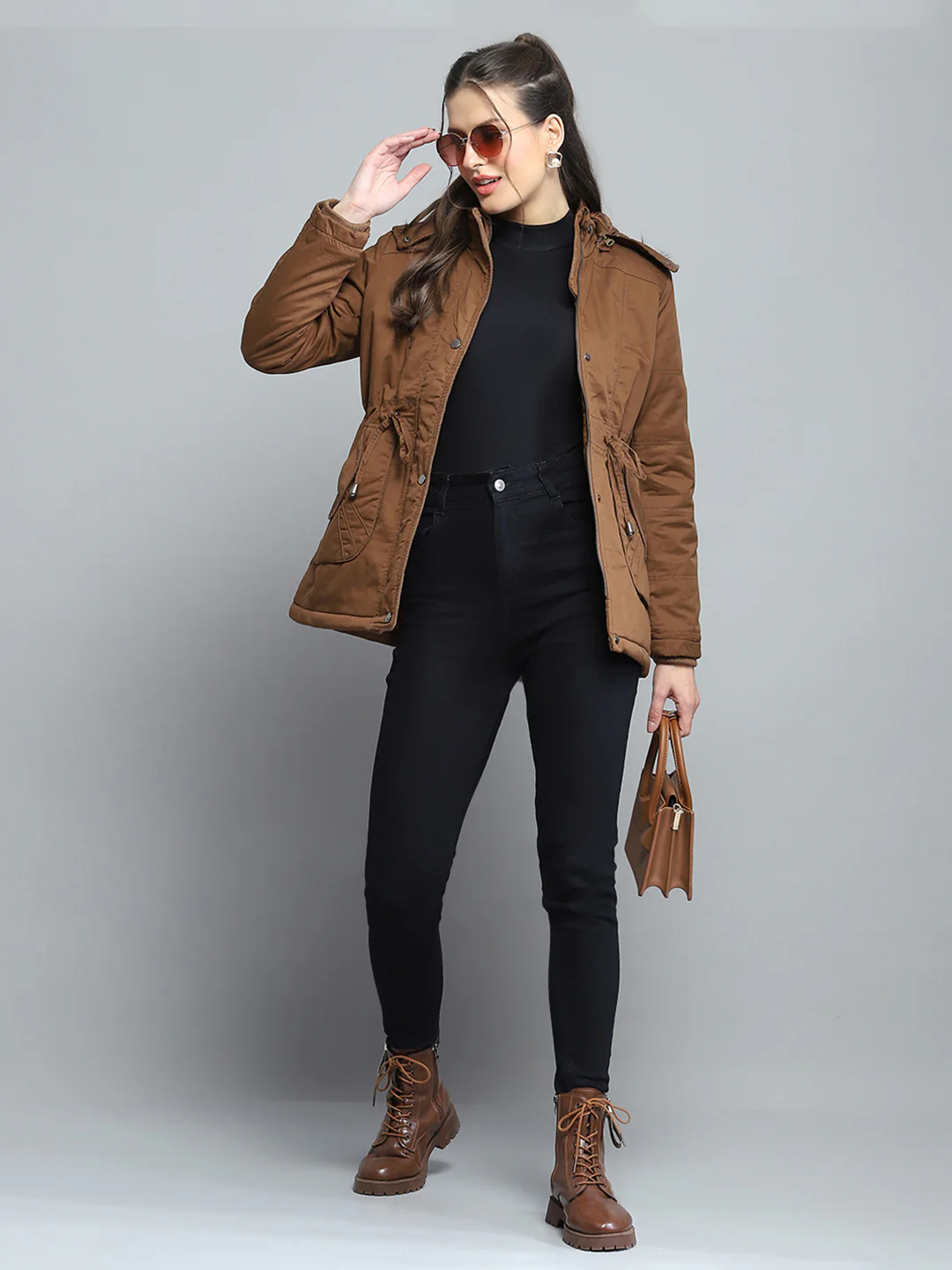 Women Brown Self Design Detachable Hood Full Sleeve Jacket - Image 2