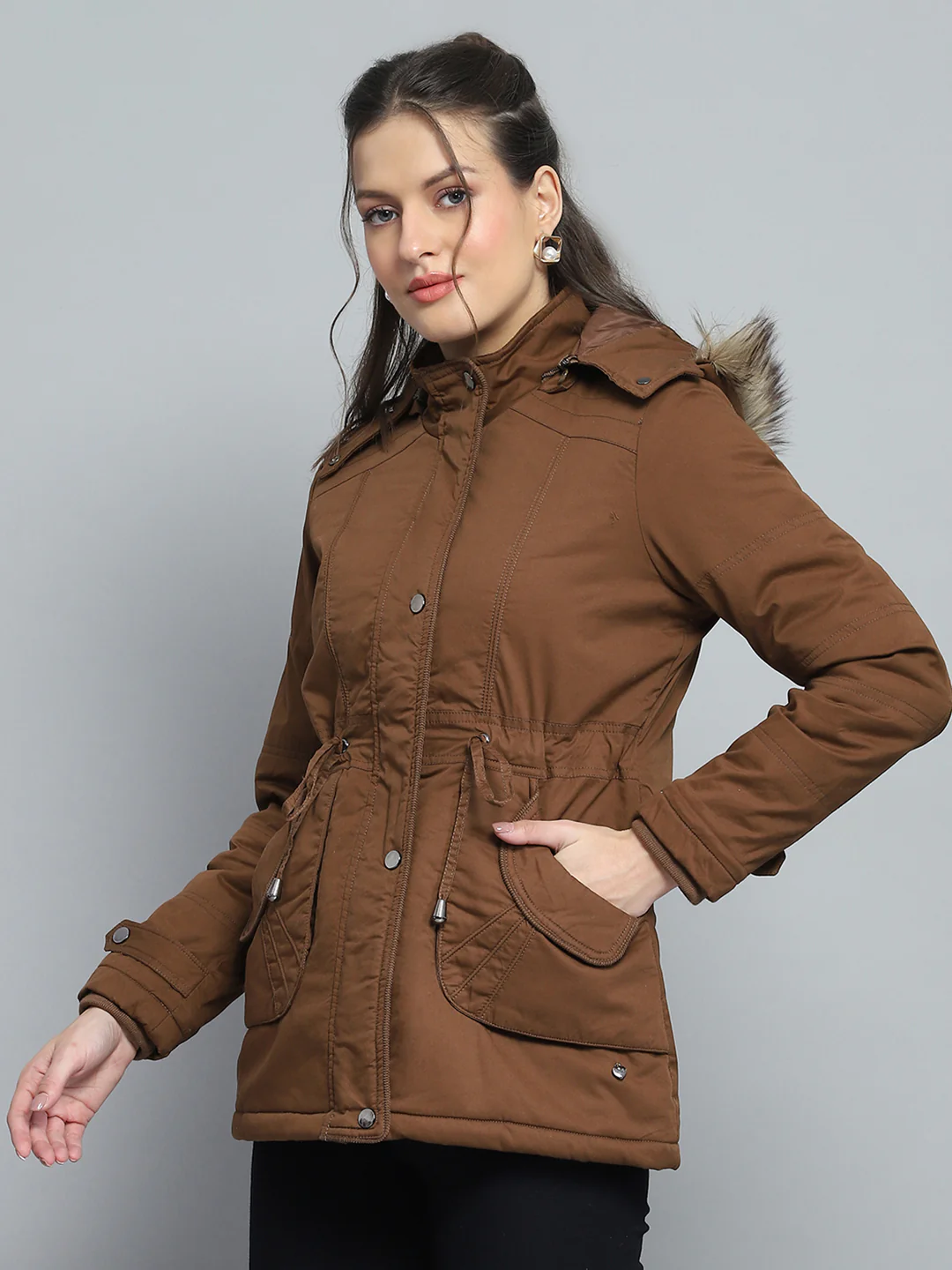 Women Brown Self Design Detachable Hood Full Sleeve Jacket - Image 3