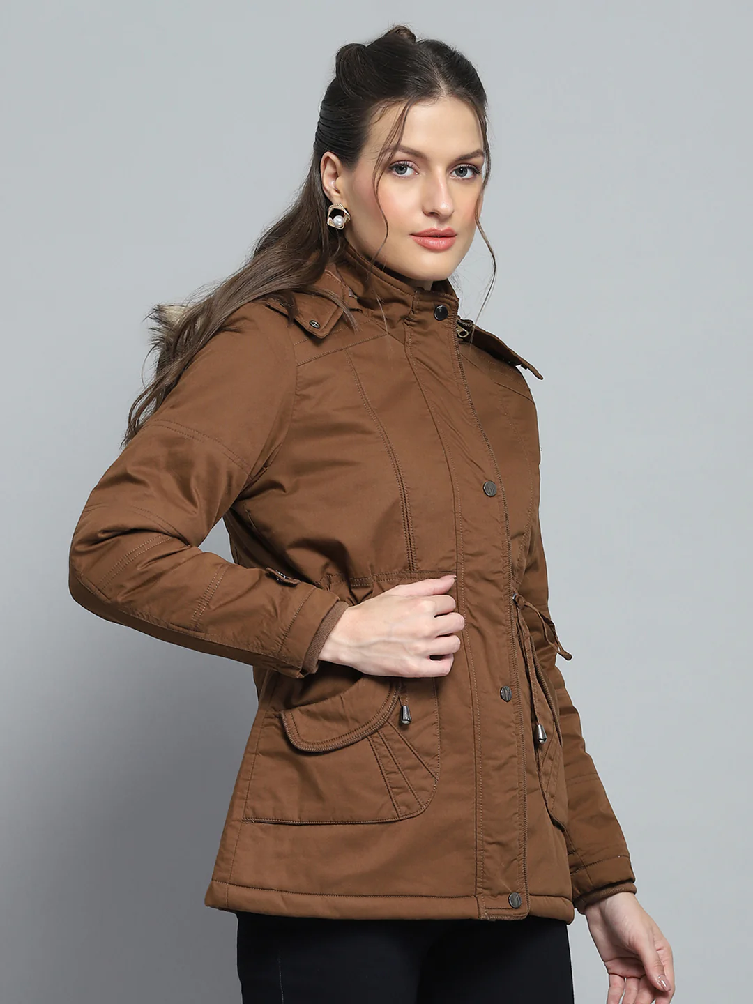 Women Brown Self Design Detachable Hood Full Sleeve Jacket - Image 4