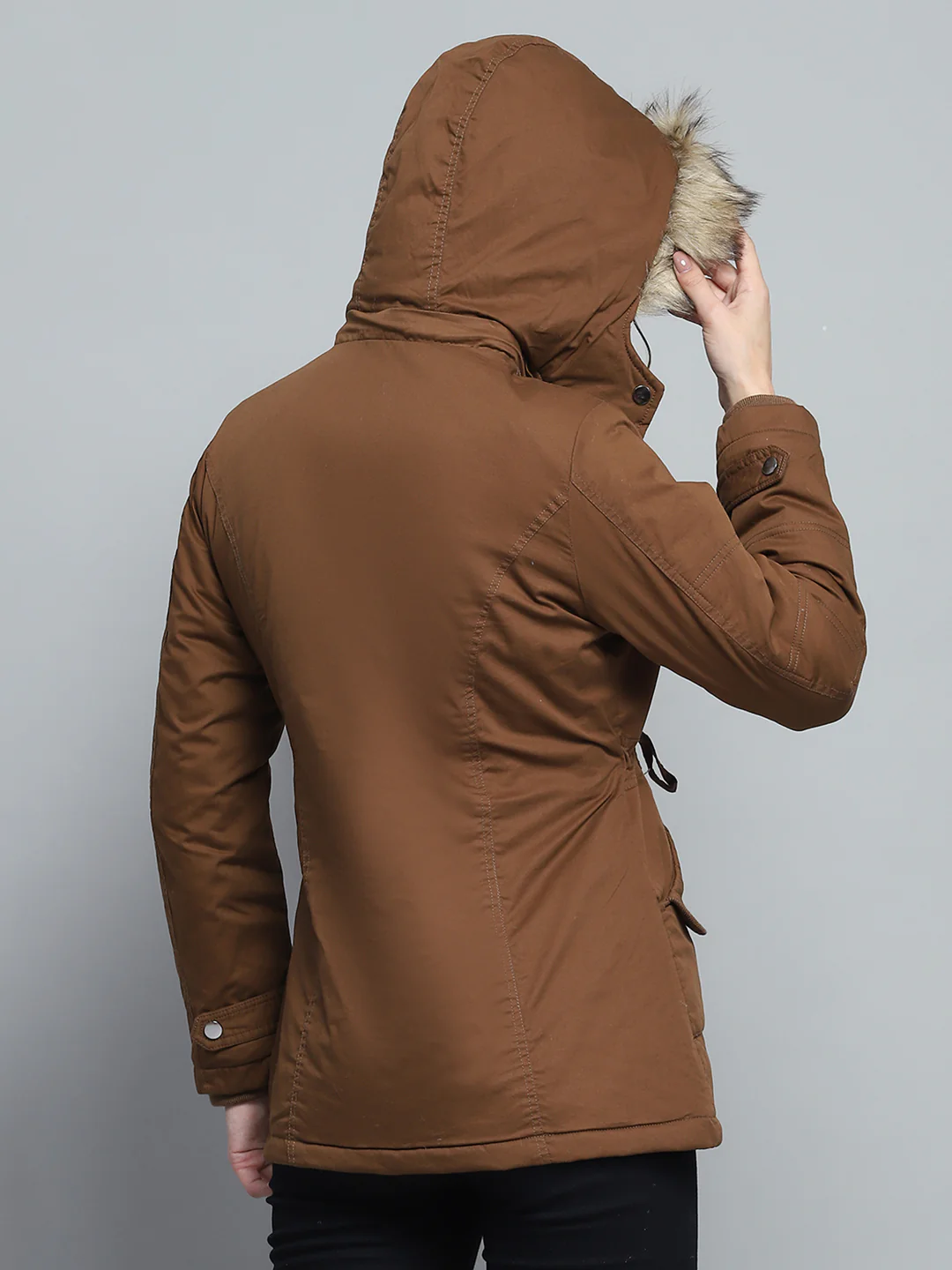 Women Brown Self Design Detachable Hood Full Sleeve Jacket - Image 5
