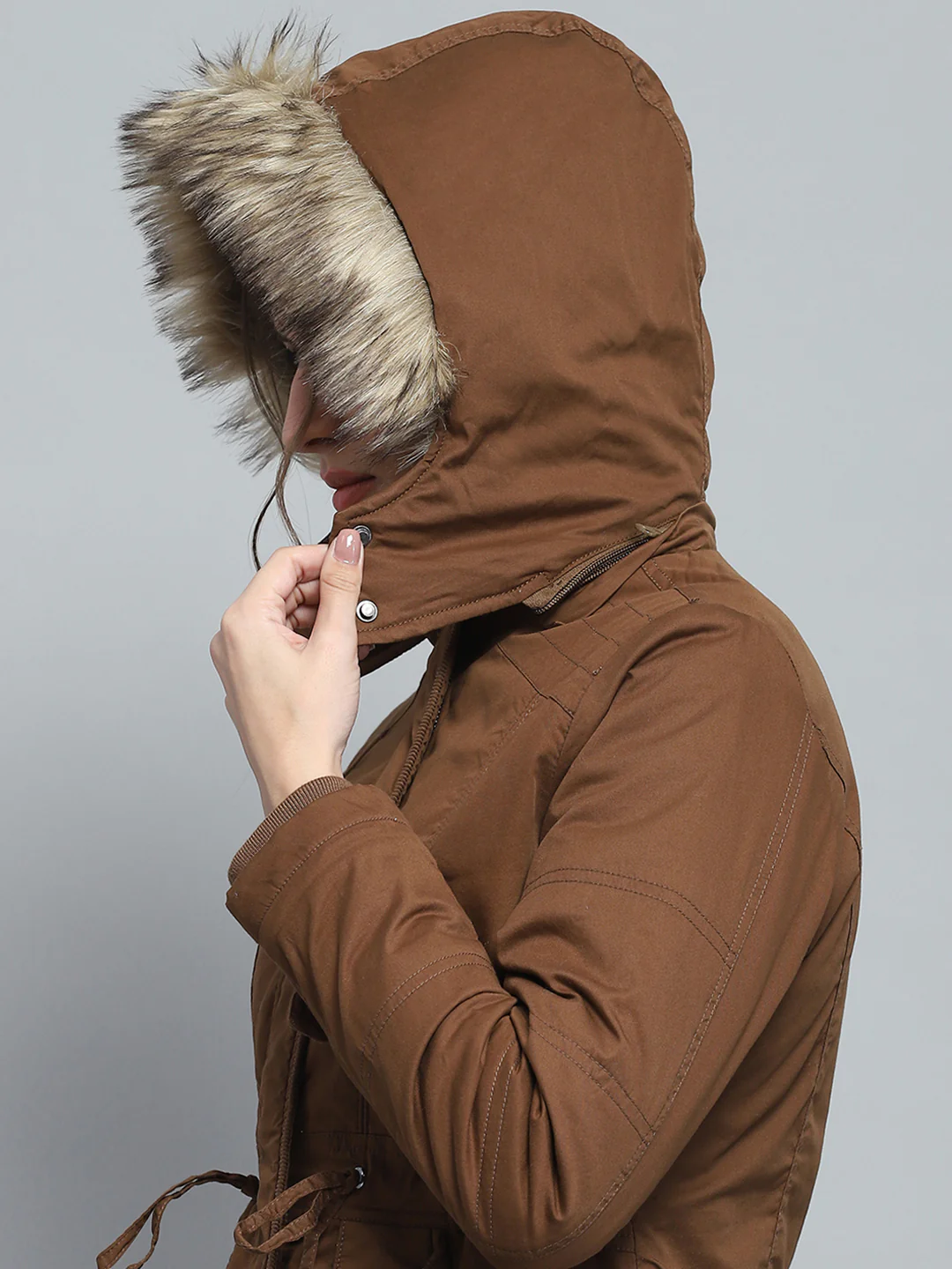 Women Brown Self Design Detachable Hood Full Sleeve Jacket - Image 7