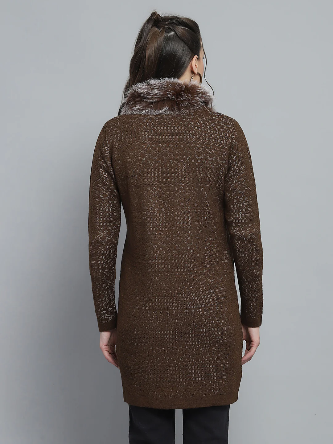 Women Brown Self Design Front Open Full Sleeve Cardigan - Image 5