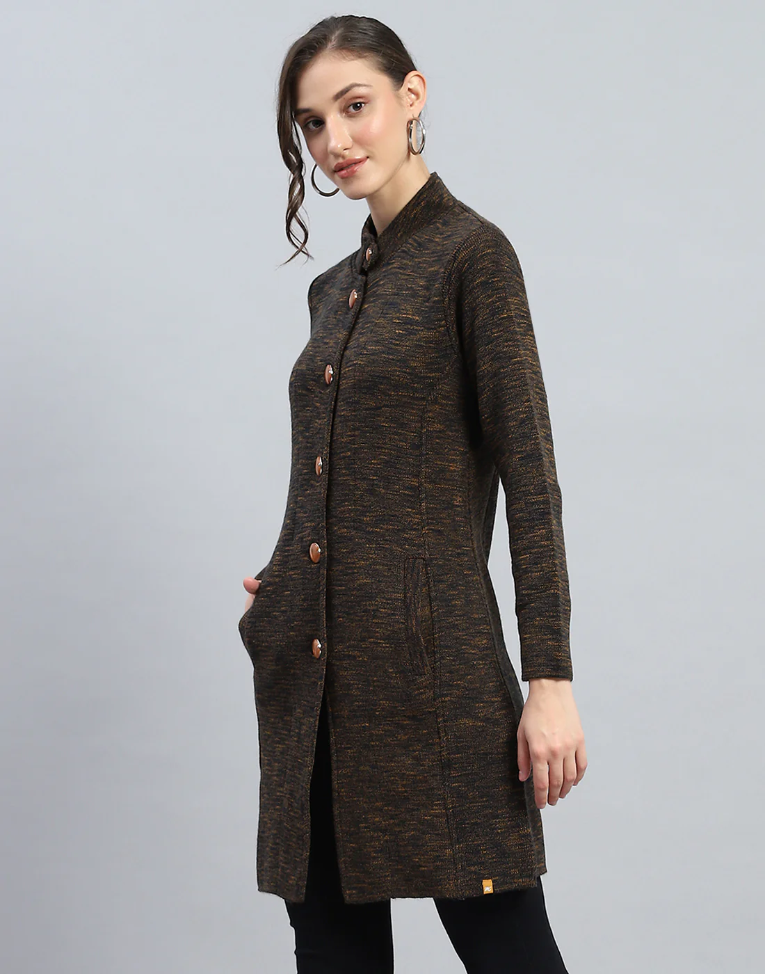Women Brown Self Design High Neck Full Sleeve Knitted coat - Image 3