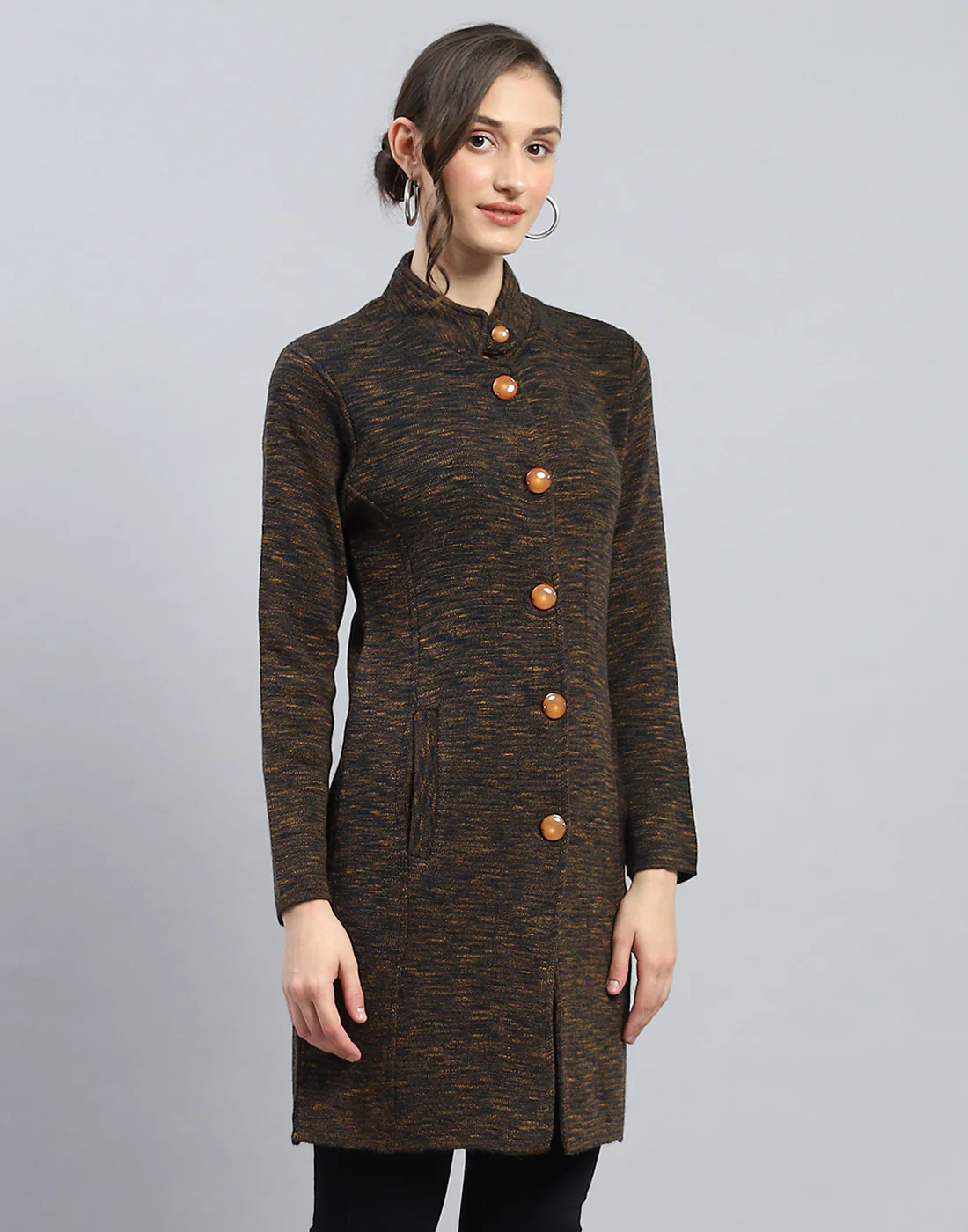 Women Brown Self Design High Neck Full Sleeve Knitted coat - Image 4