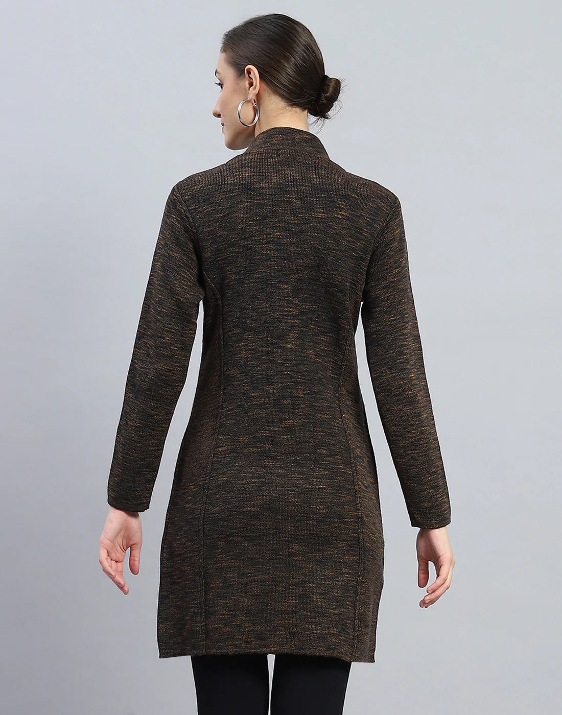 Women Brown Self Design High Neck Full Sleeve Knitted coat - Image 5