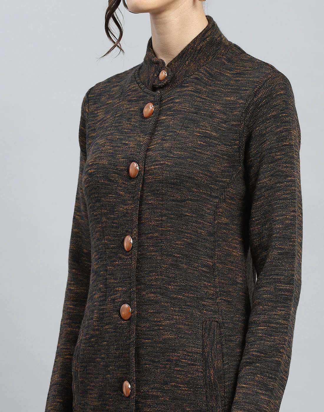 Women Brown Self Design High Neck Full Sleeve Knitted coat - Image 6