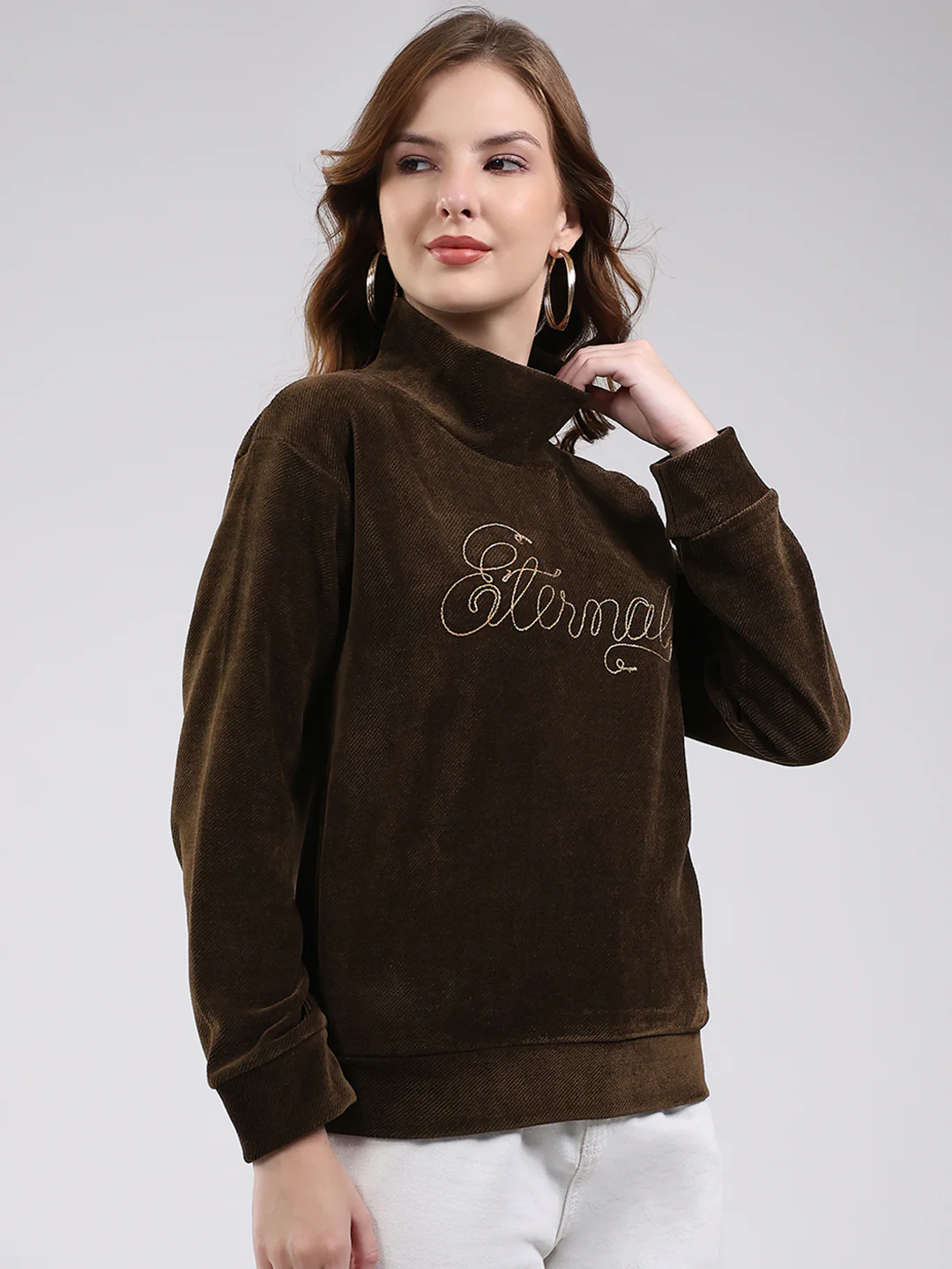 Women Brown Self Design High Neck Full Sleeve Sweatshirt - Image 4
