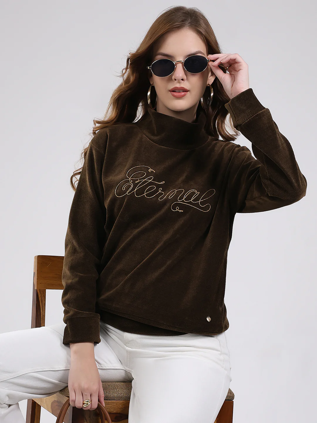 Women Brown Self Design High Neck Full Sleeve Sweatshirt - Image 6