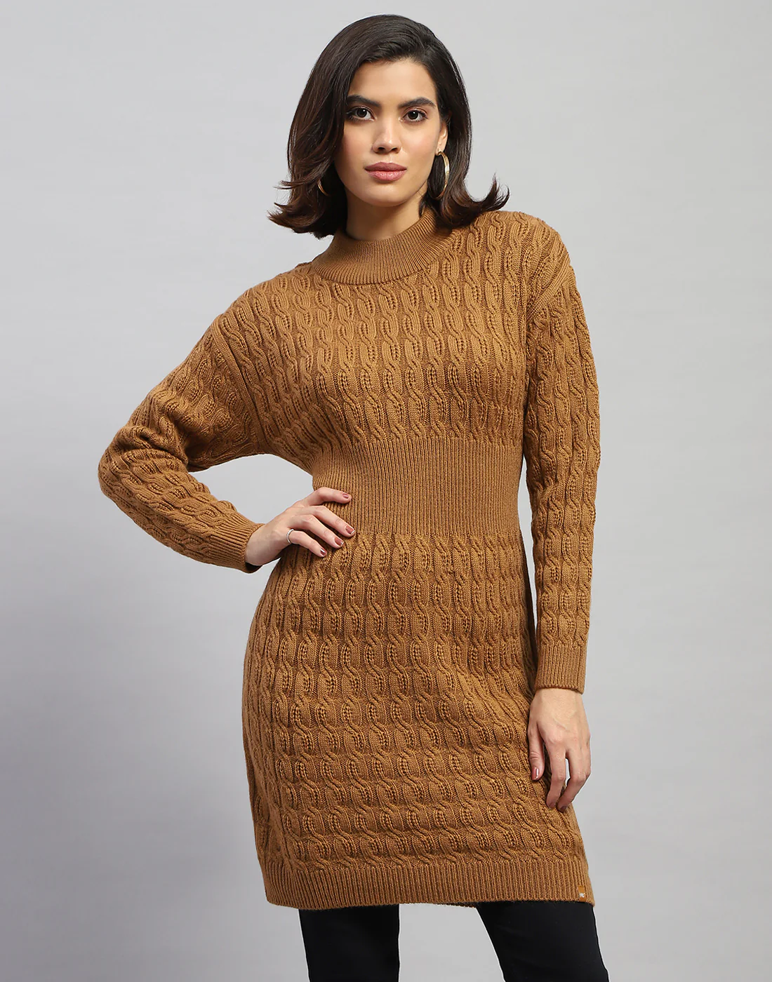 Women Brown Self Design High Neck Full Sleeve Winter Top - Image 2